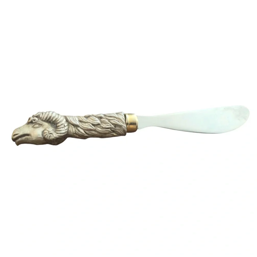 Vintage Ram Handle Pewter and Silver Plated Butter Knife‎ or Cheese Spreader